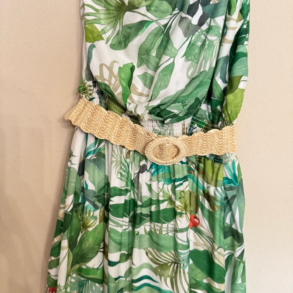 Antonio Melani LINEN Blend Selene Tropical Print One Shoulder Belted Dress Sz 12 - Picture 6 of 16